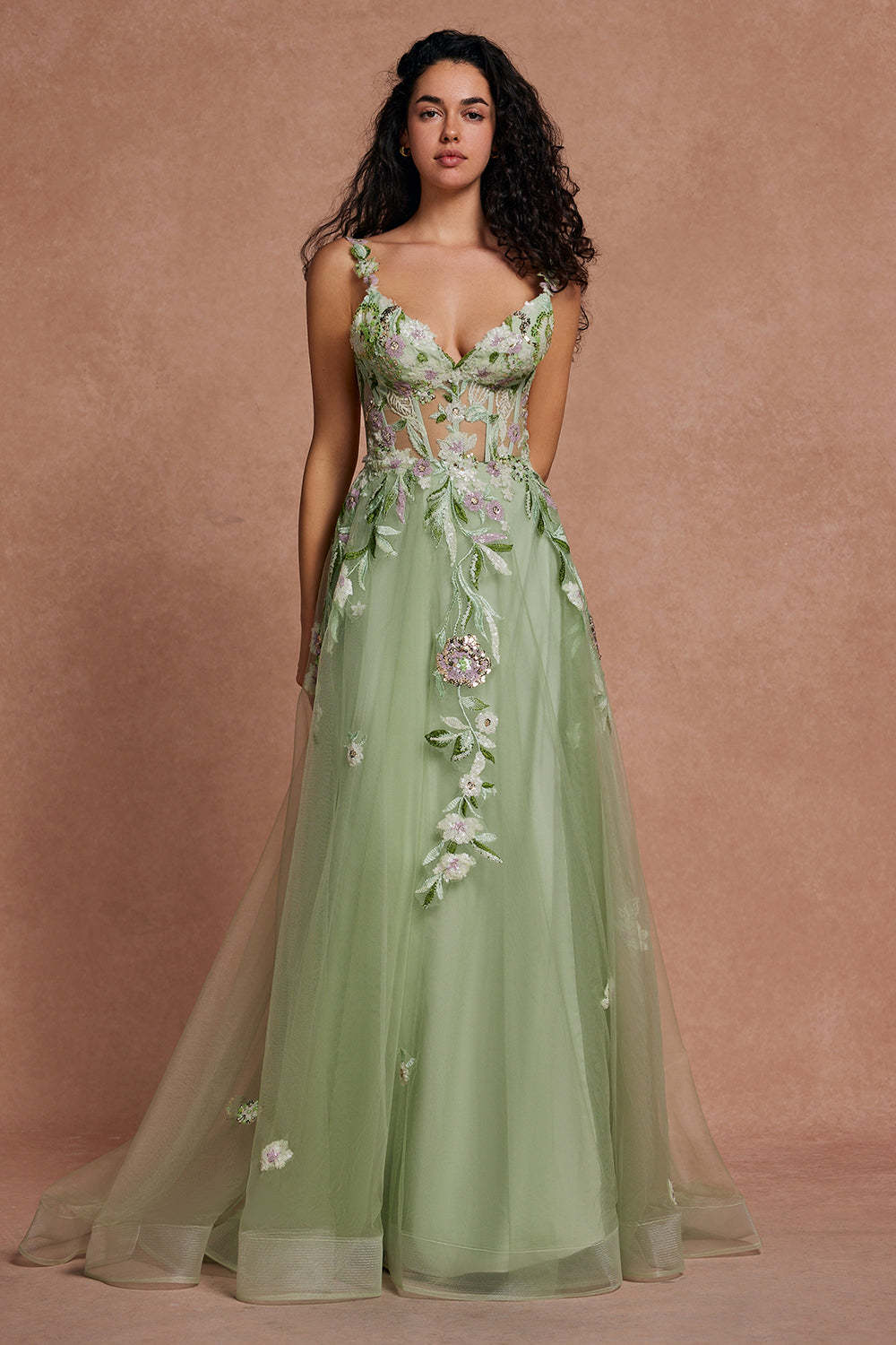 Leely Women Green Floral Tulle A-Line Prom Dress with Slit Sequined Sweep Train Formal Dress with Criss Cross Back