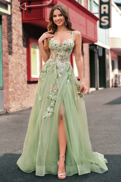 Plus Size Green Sequined Applique Corset A-Line Prom Dress with Slit