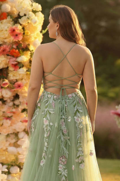 Plus Size Green Sequined Applique Corset A-Line Prom Dress with Slit