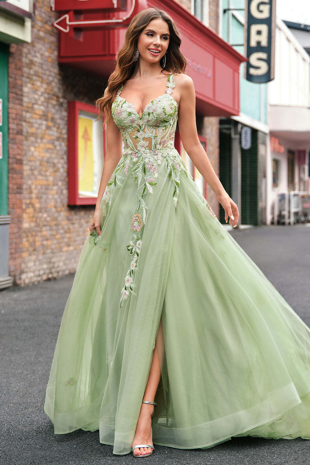 Plus Size Green Sequined Applique Corset A-Line Prom Dress with Slit