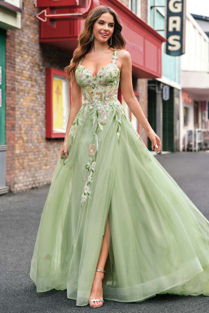 Plus Size Green Sequined Applique Corset A-Line Prom Dress with Slit