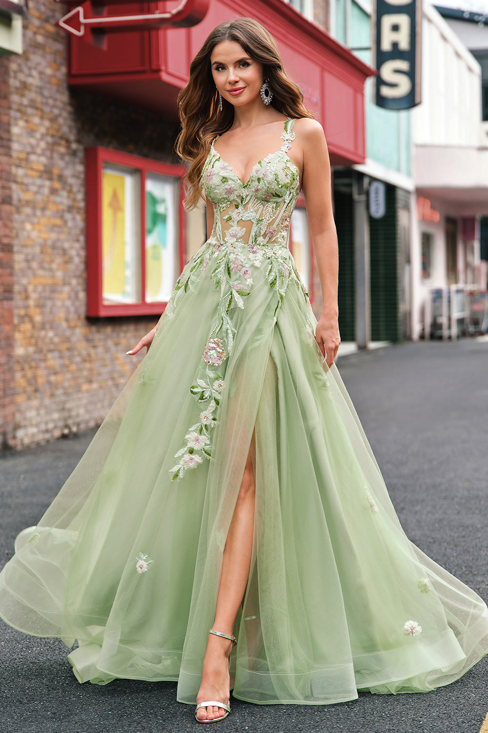 Plus Size Green Sequined Applique Corset A-Line Prom Dress with Slit
