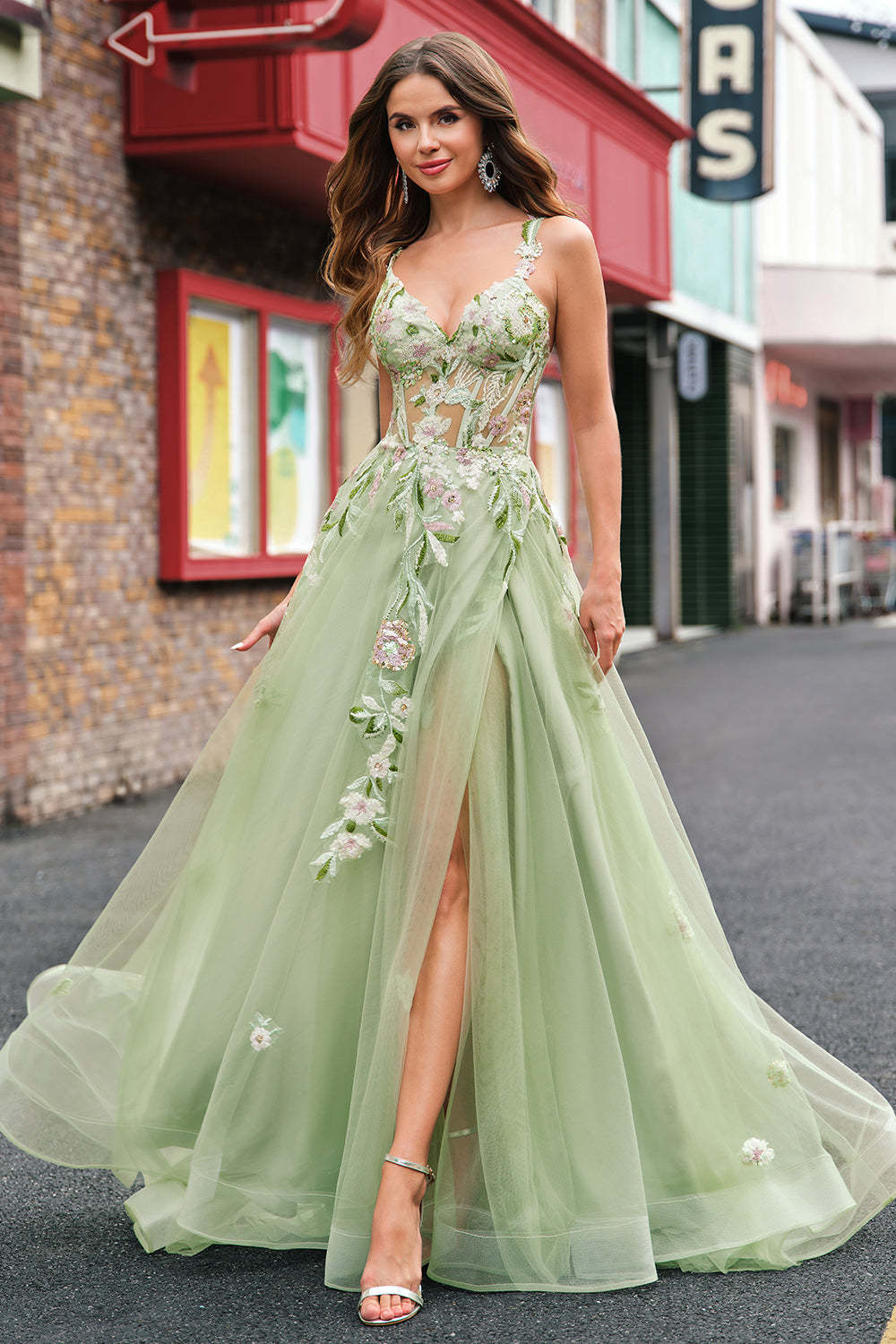 Plus Size Green Sequined Applique Corset A-Line Prom Dress with Slit