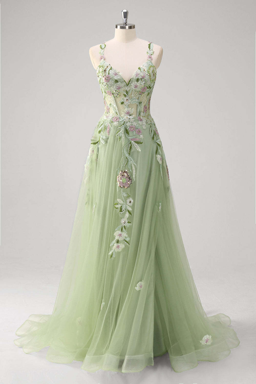 Leely Women Green Floral Tulle A-Line Prom Dress with Slit Sequined Sweep Train Formal Dress with Criss Cross Back