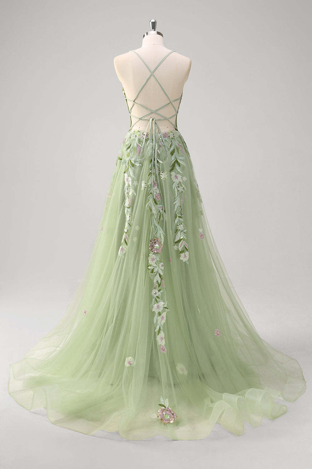 Plus Size Green Sequined Applique Corset A-Line Prom Dress with Slit