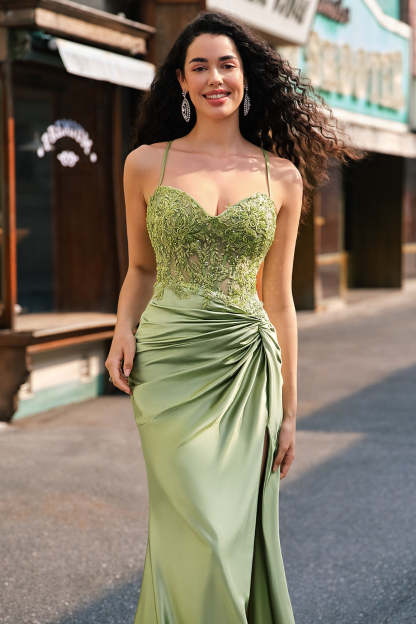 Corset Army Green Applique Satin Mermaid Prom Dress with Slit