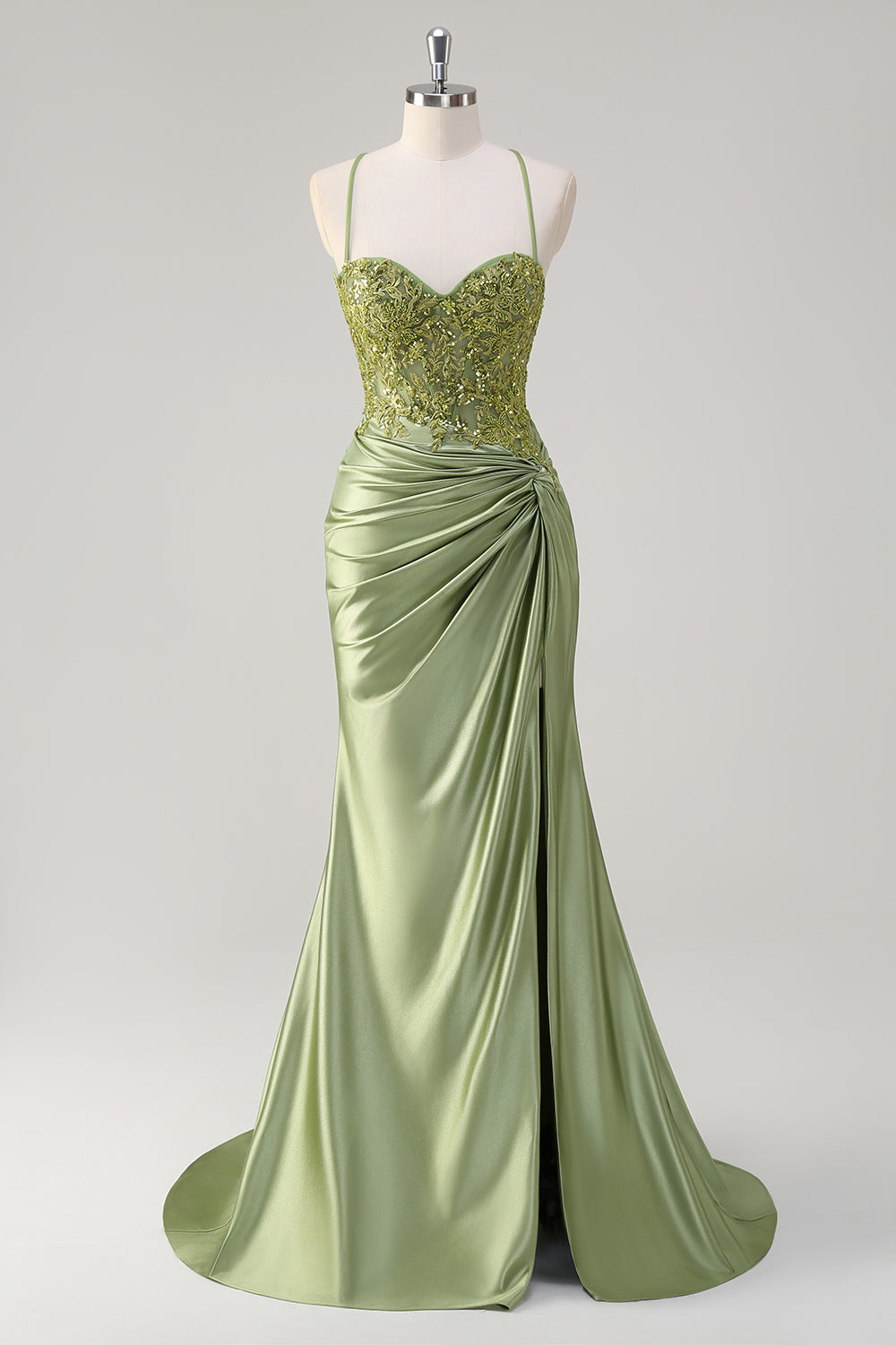 Corset Army Green Applique Satin Mermaid Prom Dress with Slit
