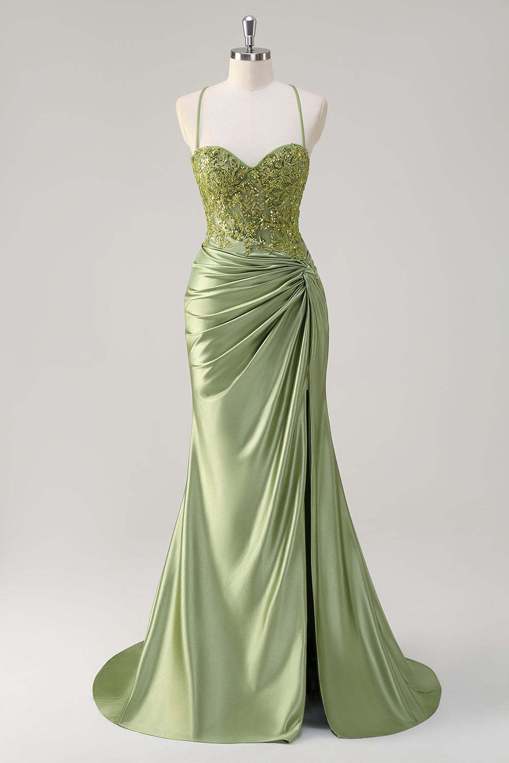 Corset Army Green Applique Satin Mermaid Prom Dress with Slit