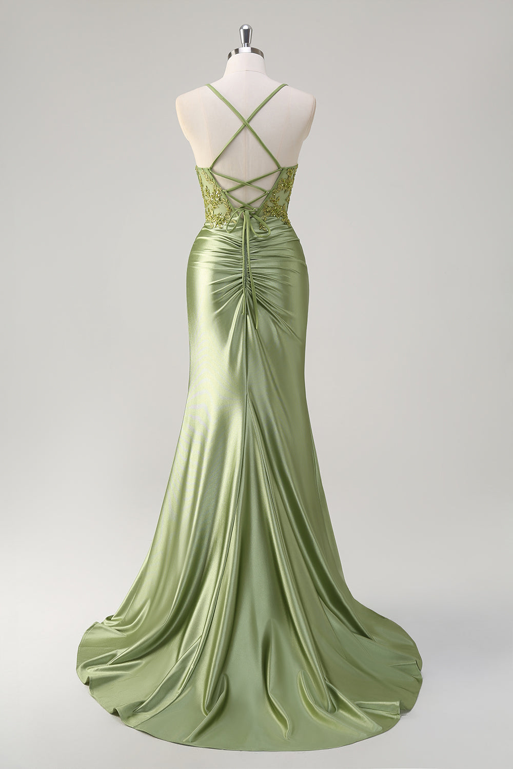 Corset Army Green Applique Satin Mermaid Prom Dress with Slit