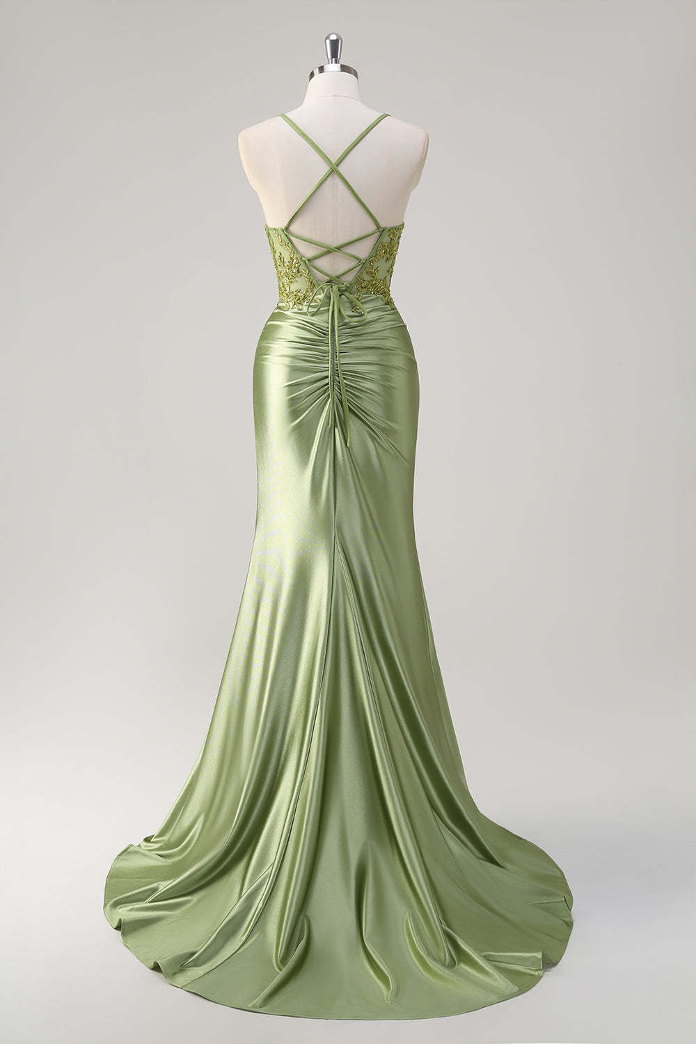 Corset Army Green Applique Satin Mermaid Prom Dress with Slit