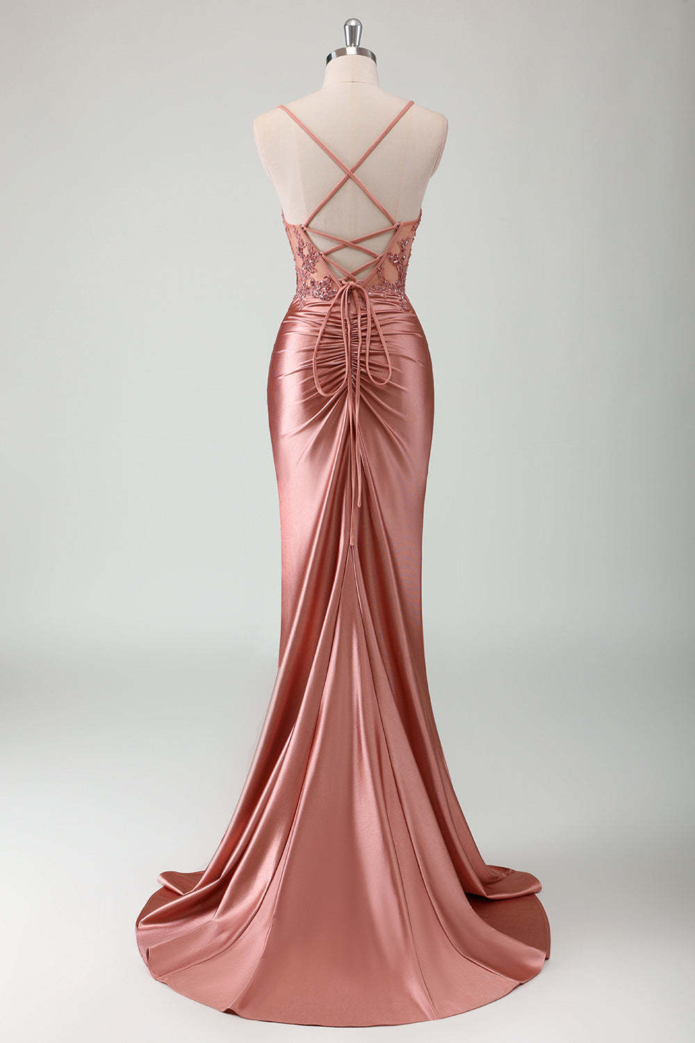 Corset Army Green Applique Satin Mermaid Prom Dress with Slit