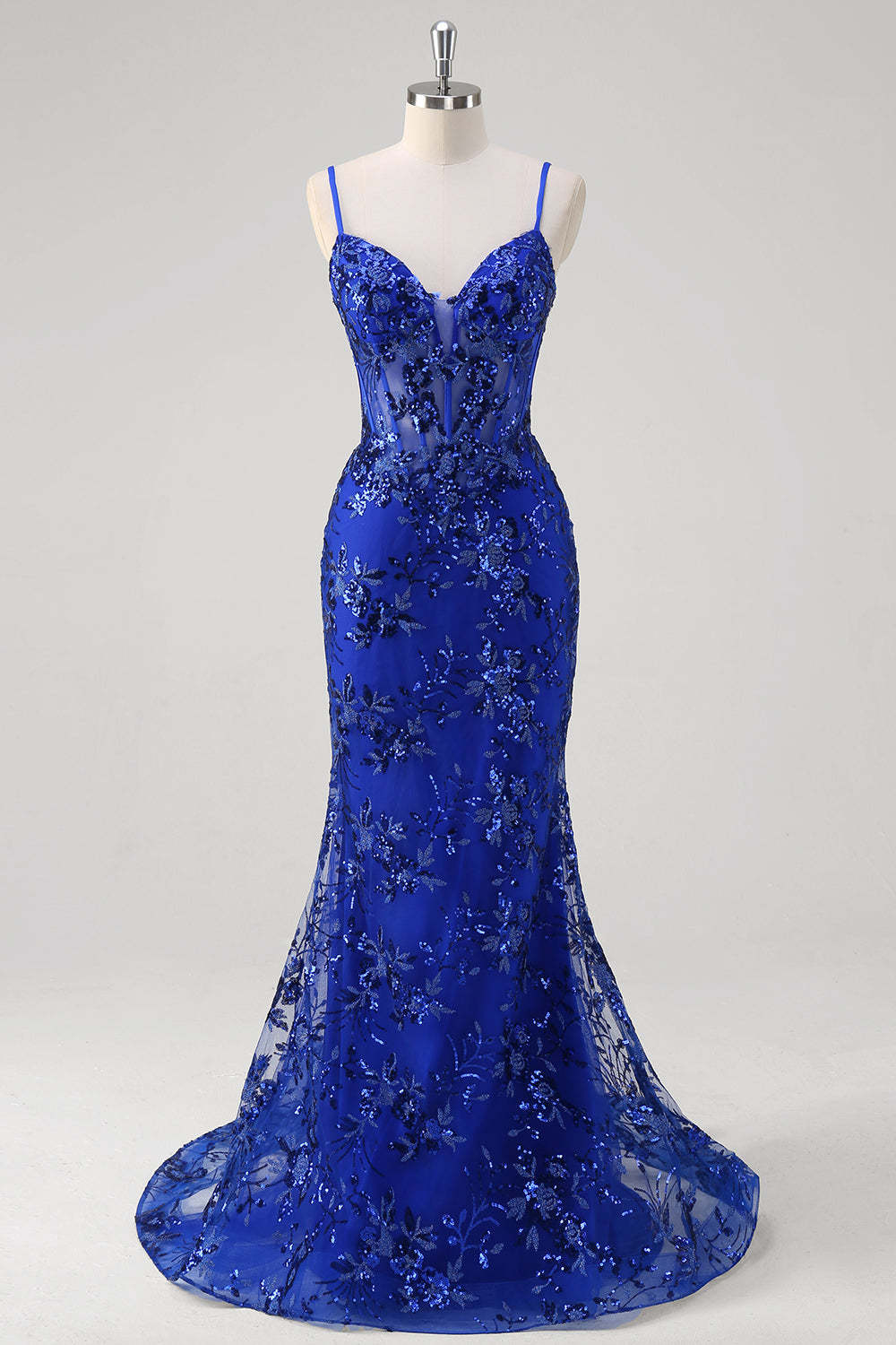 Leely Women Dark Green Sequined Applique Mermaid Prom Dress Spaghetti Straps Sweep Train Formal Dress