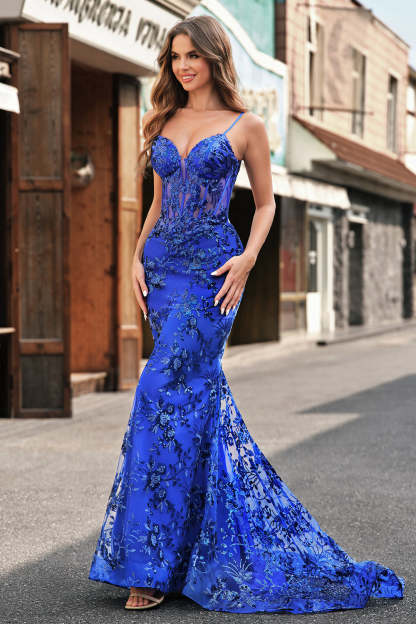 Royal Blue Corset Sequined Applique Mermaid Prom Dress