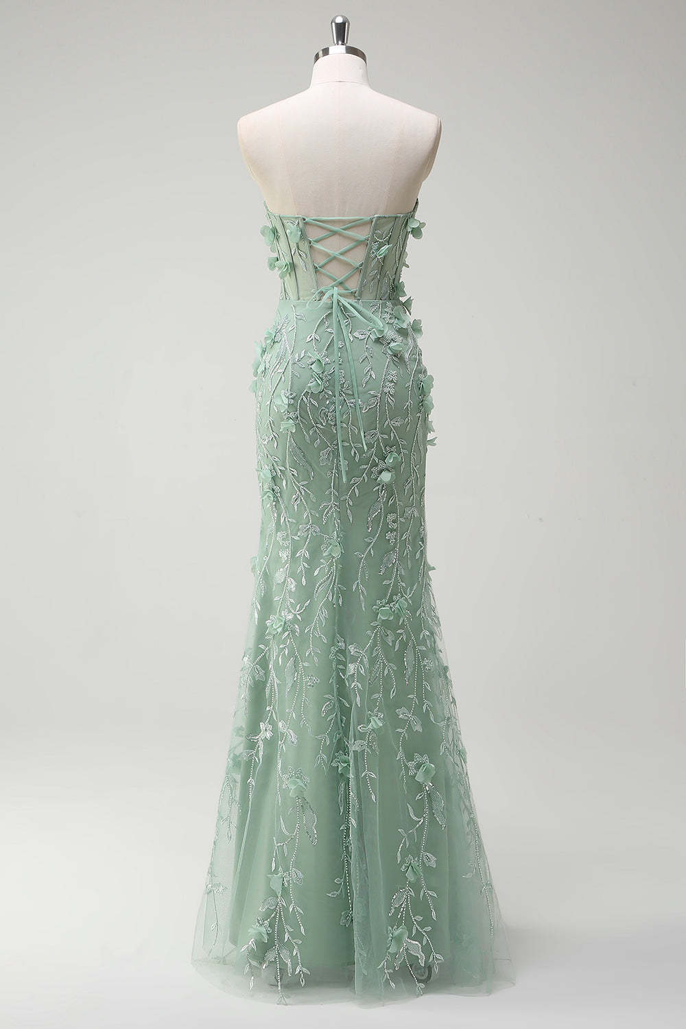 Sage Strapless Corset Applique Beaded Mermaid Prom Dress with Slit