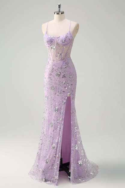 Sparkly Lilac Corset Sequined Mermaid Prom Dress with Slit