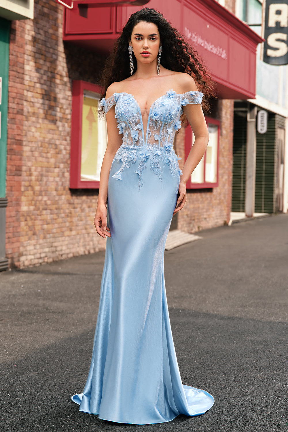 Sky Blue Off the Shoulder Corset Mermaid Satin Prom Dress with 3D Flower