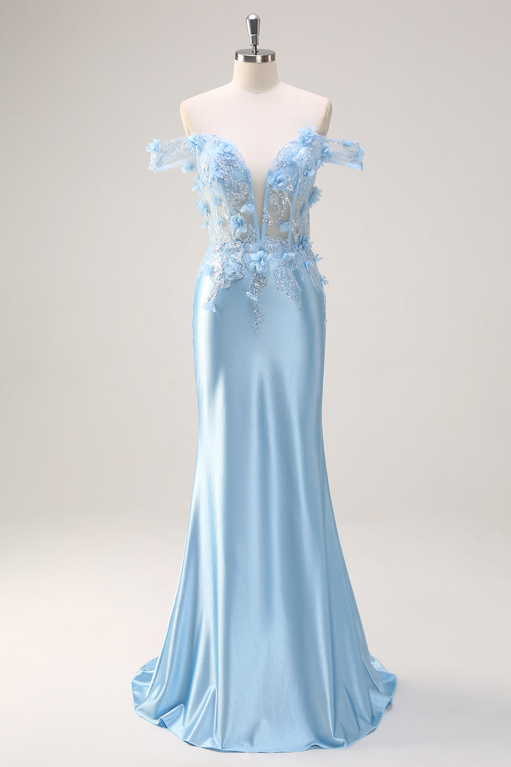 Sky Blue Corset Applique Mermaid Satin Prom Dress with Sequins