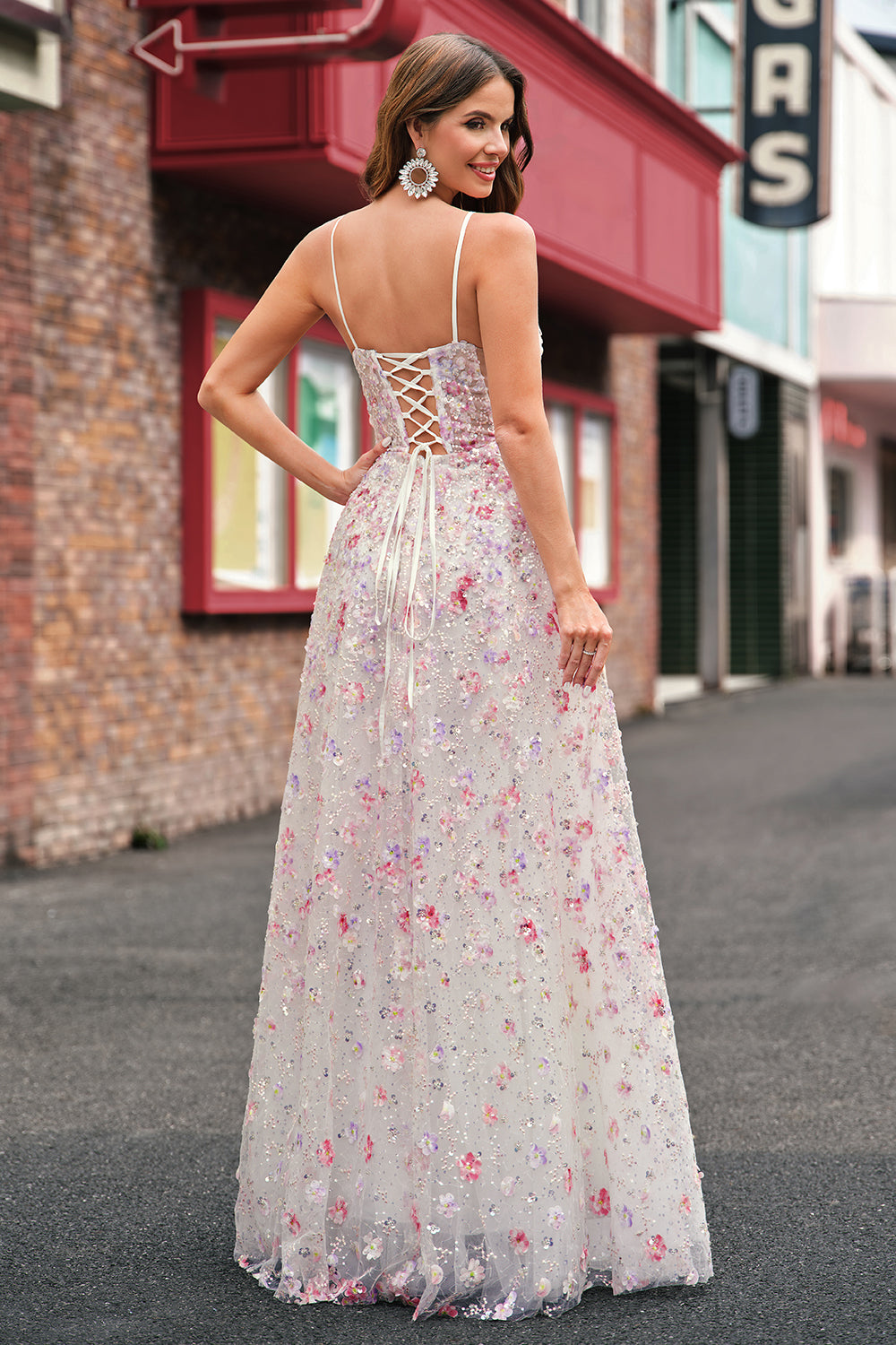Pink Floral Spaghetti Straps Applique A-Line Prom Dress with Sequin