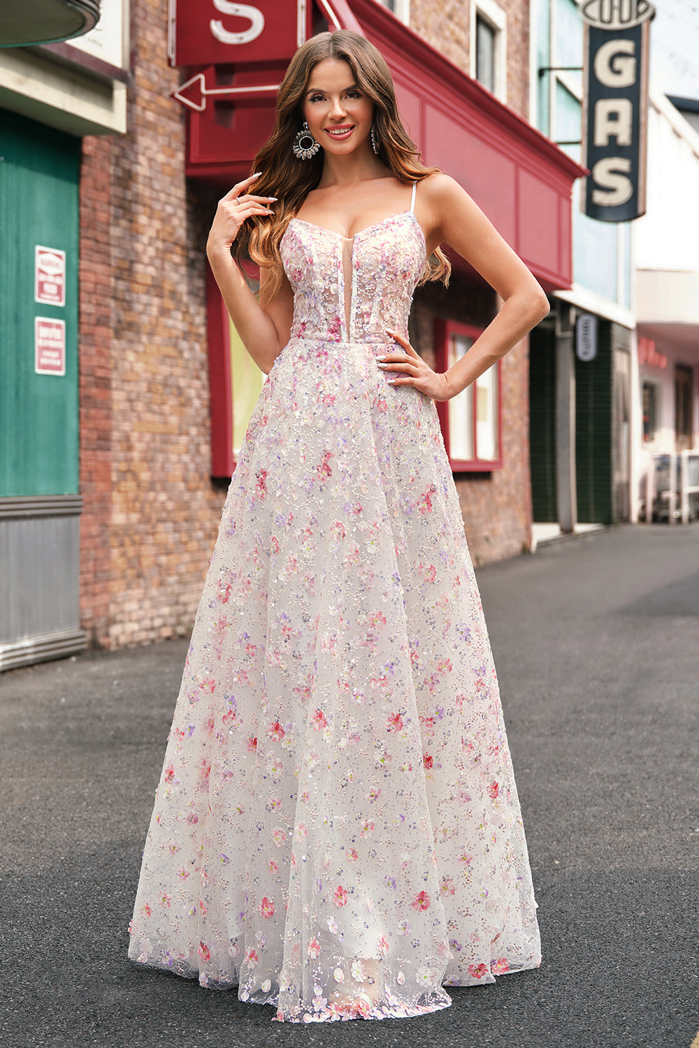 Pink Floral Spaghetti Straps Applique A-Line Prom Dress with Sequin