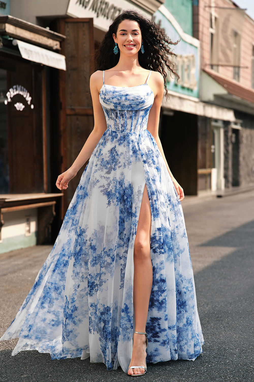 Leely Women White Blue Flower A-Line Prom Dress with Slit Spaghetti Straps Corset Floor Length Wedding Guest Dress