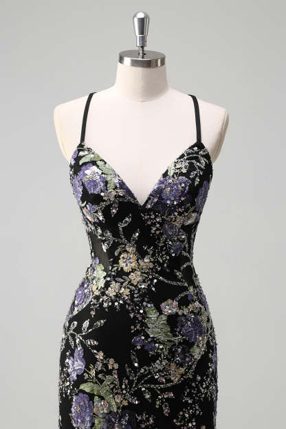 Sparkly Plus Size Pink Mermaid Floral Sequin Maxi Prom Dress