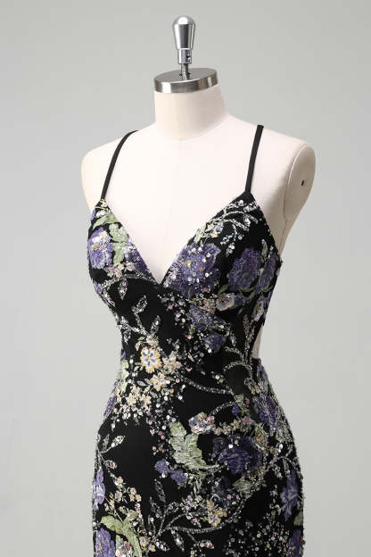 Sparkly Plus Size Pink Mermaid Floral Sequin Maxi Prom Dress