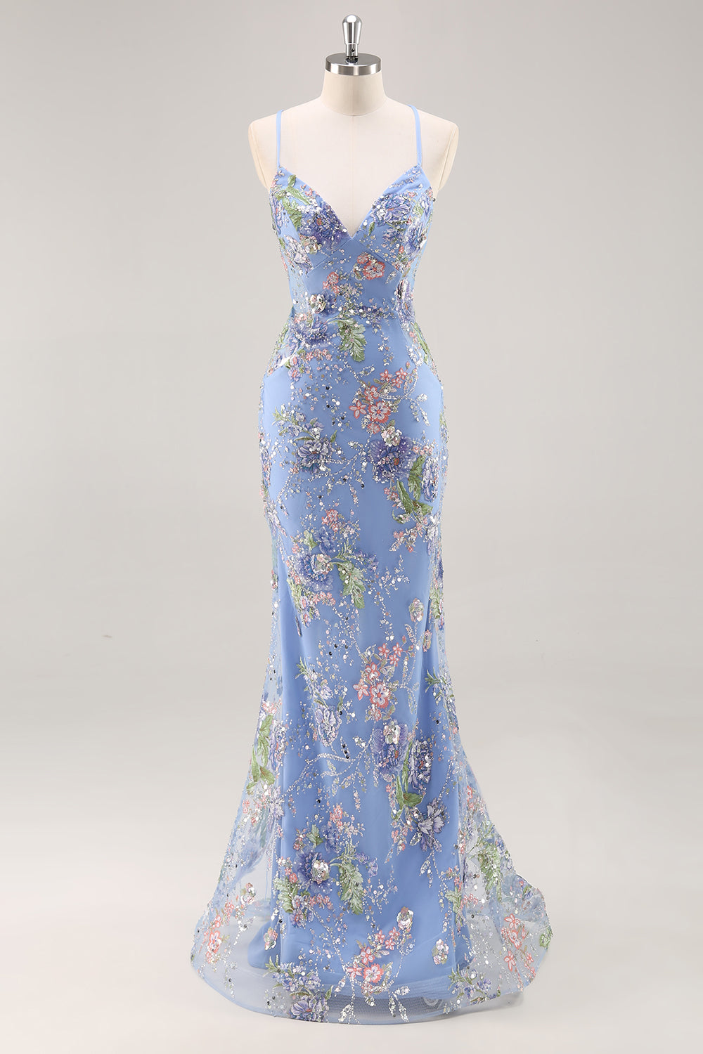 Sparkly Mermaid Blue Floral Beaded Maxi Prom Dress with Sequins
