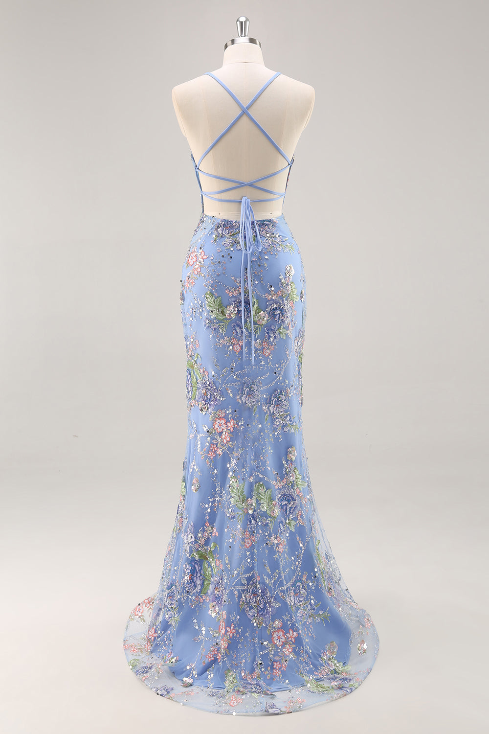 Sparkly Mermaid Blue Floral Beaded Maxi Prom Dress with Sequins