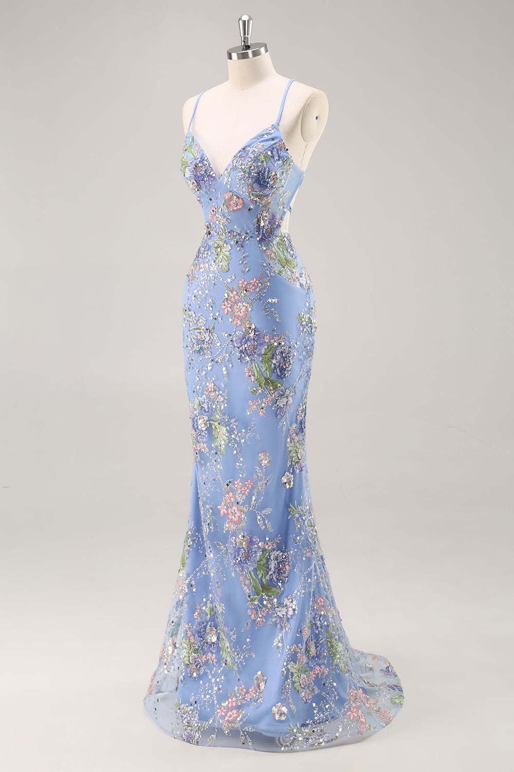 Sparkly Plus Size Pink Mermaid Floral Sequin Maxi Prom Dress