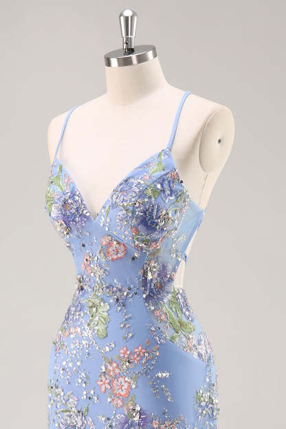 Sparkly Mermaid Blue Floral Beaded Maxi Prom Dress with Sequins