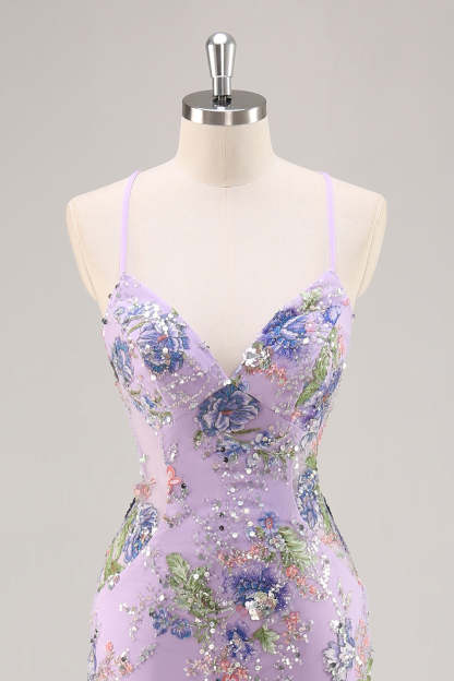 Sparkly Mermaid Blue Floral Beaded Maxi Prom Dress with Sequins