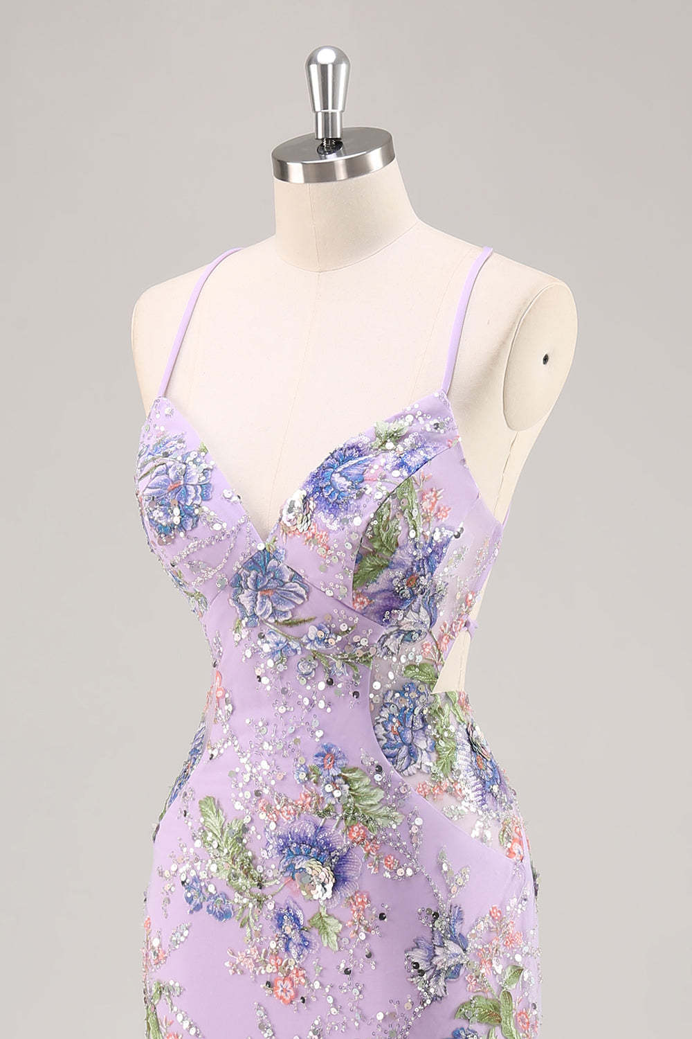 Sparkly Mermaid Blue Floral Beaded Maxi Prom Dress with Sequins