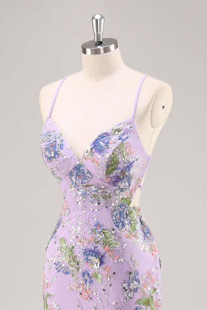 Sparkly Mermaid Blue Floral Beaded Maxi Prom Dress with Sequins