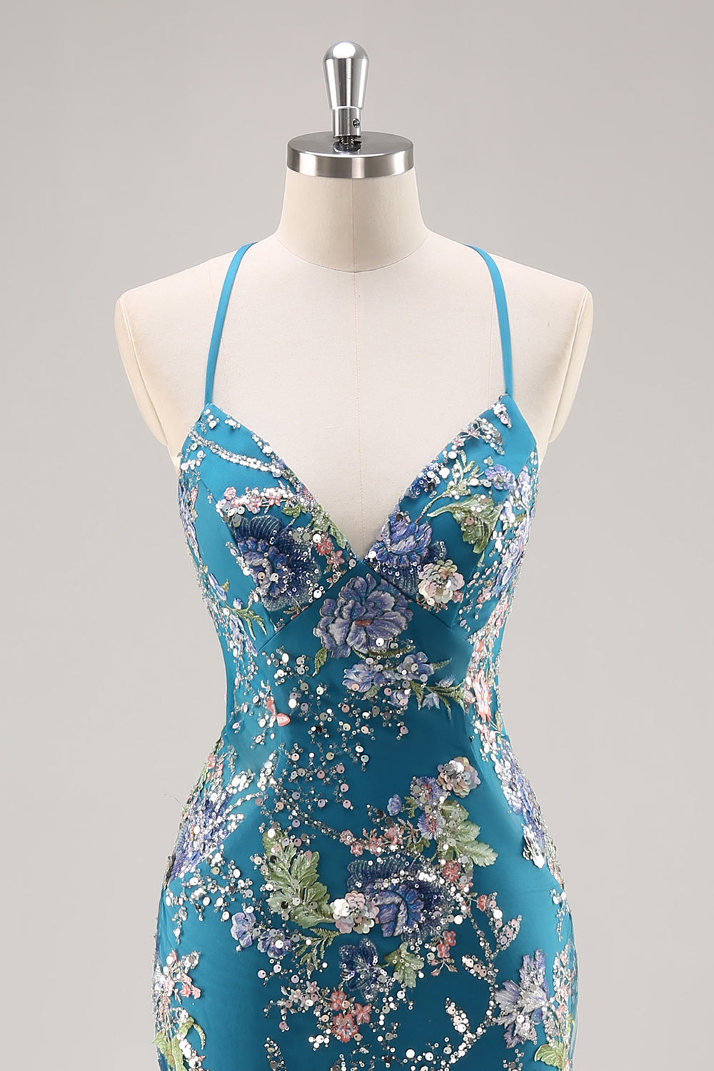 Sparkly Mermaid Blue Floral Beaded Maxi Prom Dress with Sequins