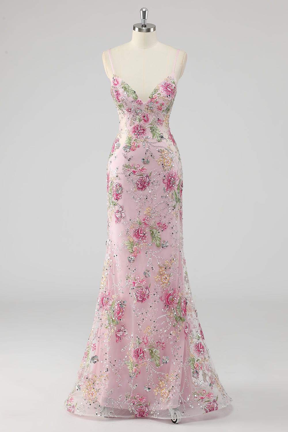 Sparkly Pink Mermaid Floral Sequin Maxi Prom Dress