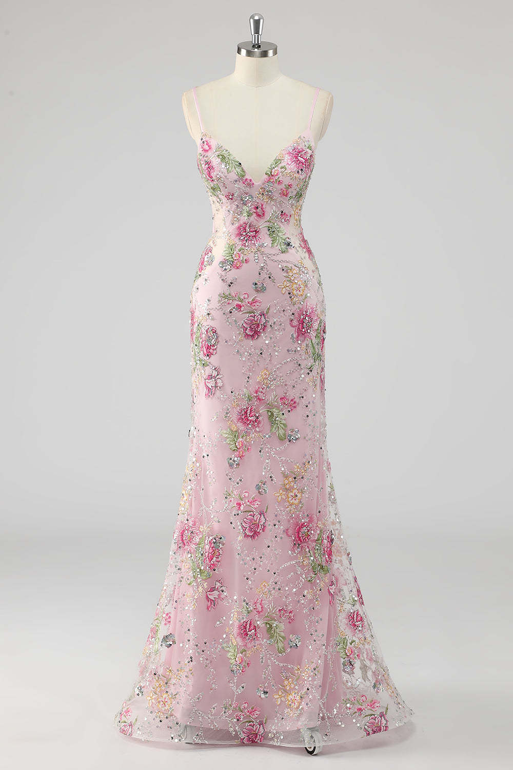 Leely Women Sparkly Pink Floral Sequin Maxi Prom Dress Mermaid Spaghetti Straps Sequins Pageant Dress