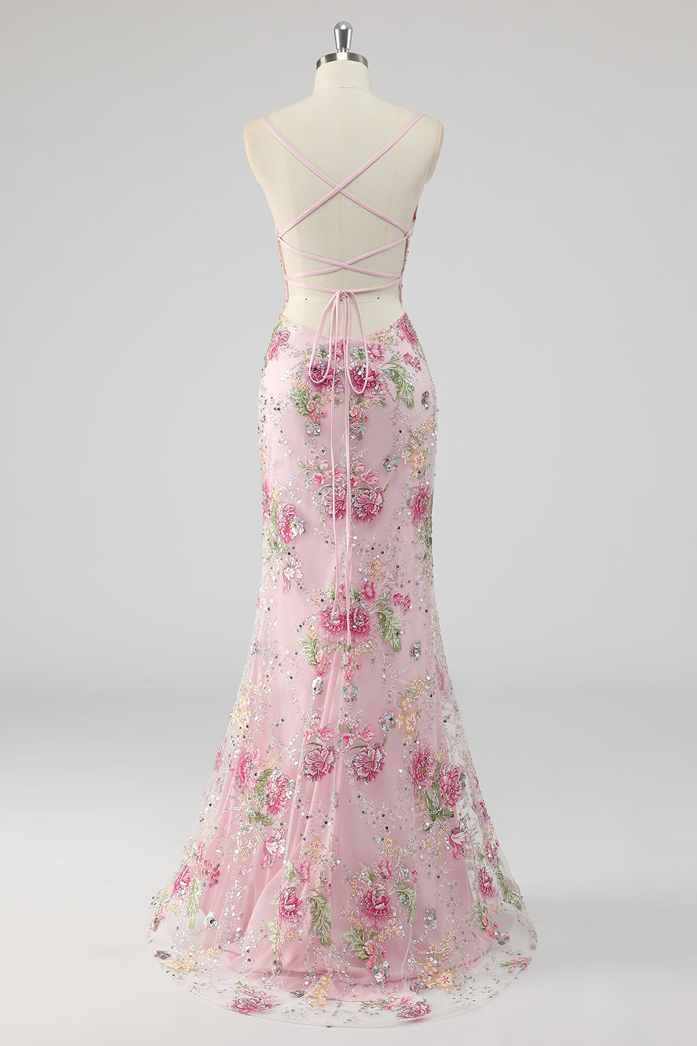 Sparkly Pink Mermaid Floral Sequin Maxi Prom Dress