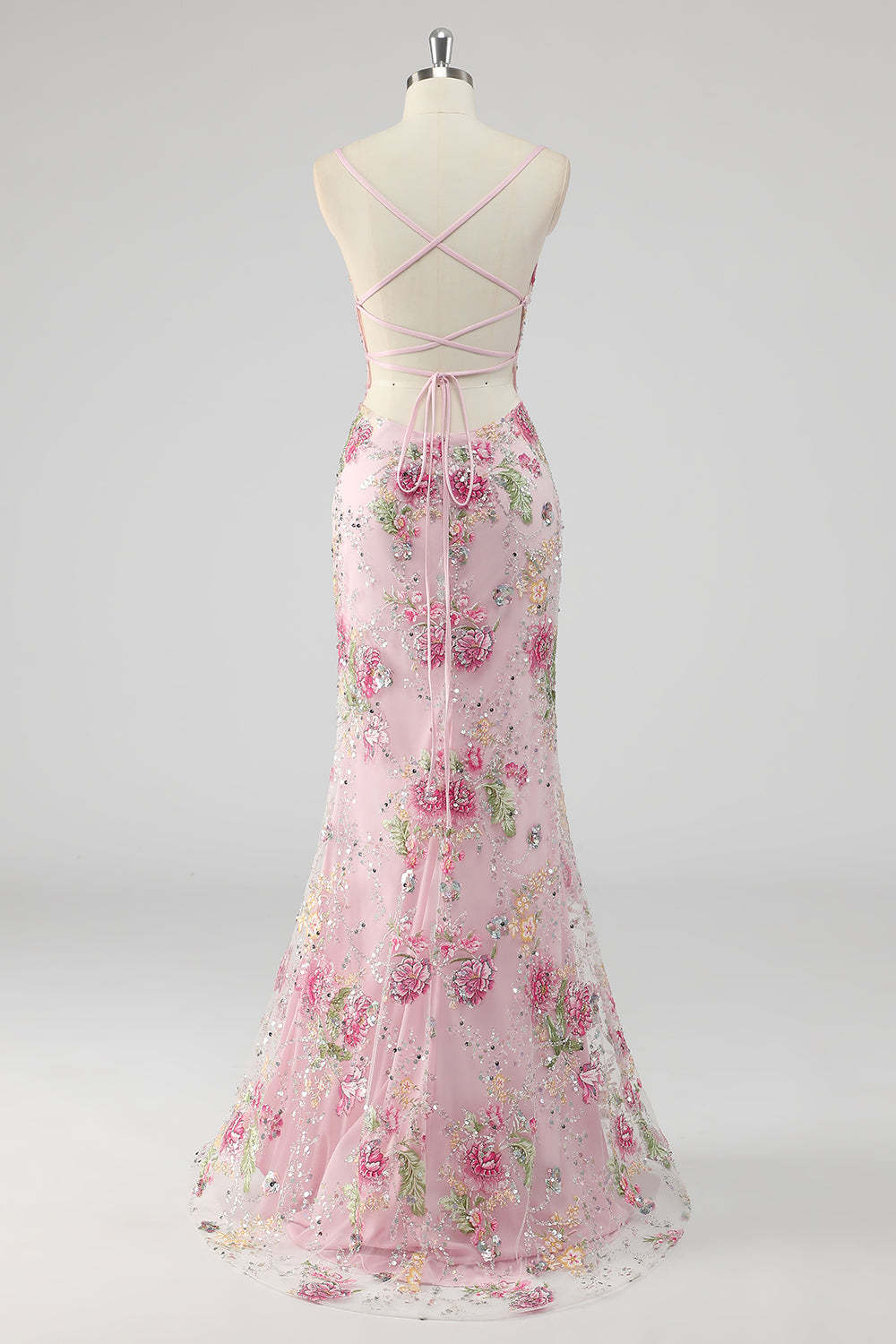 Sparkly Plus Size Pink Mermaid Floral Sequin Maxi Prom Dress