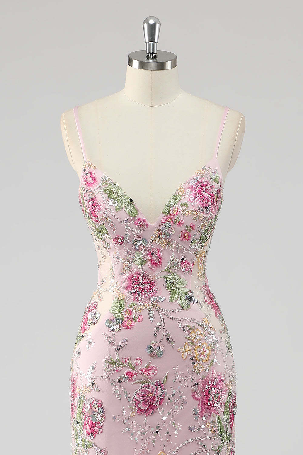 Sparkly Plus Size Pink Mermaid Floral Sequin Maxi Prom Dress