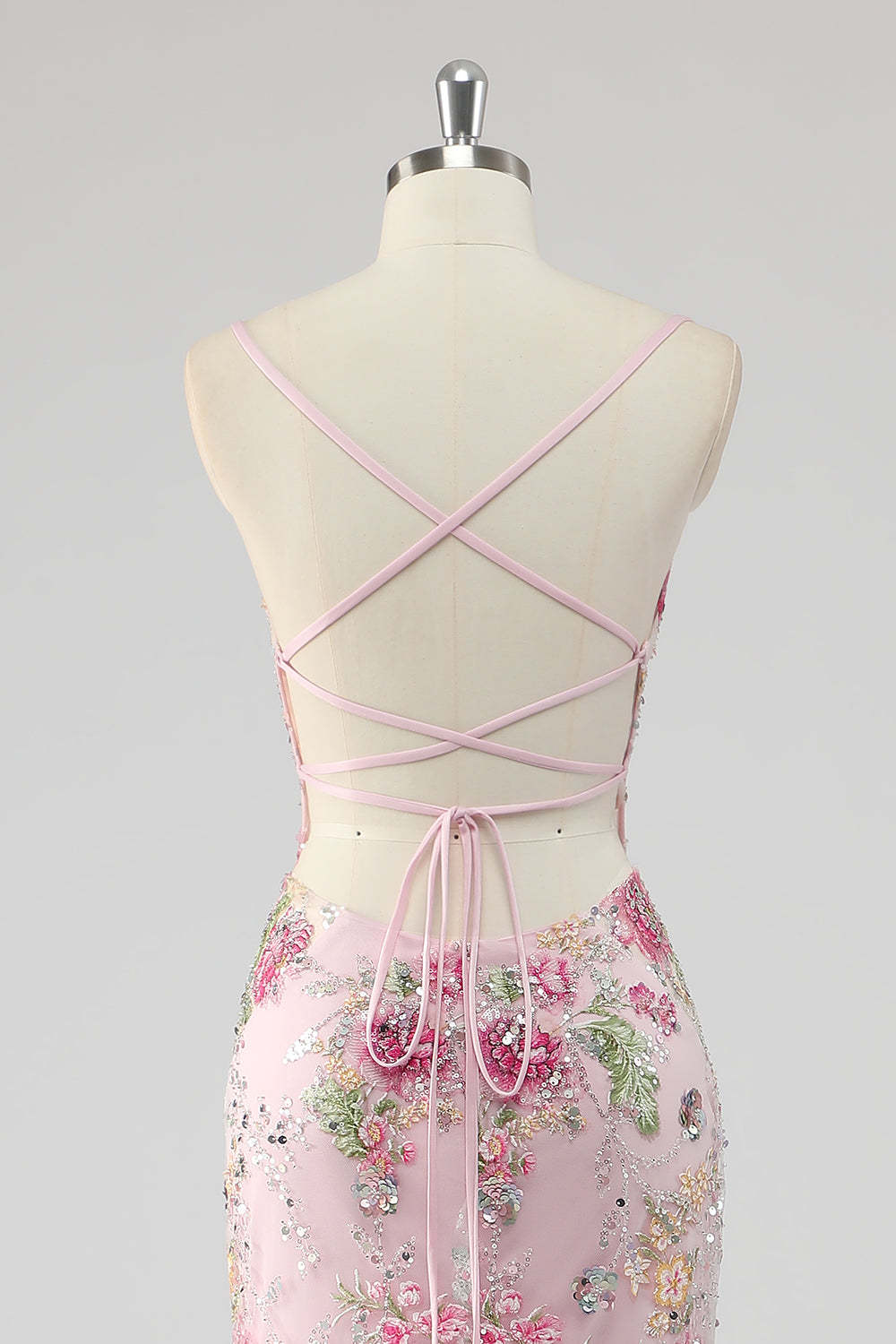 Sparkly Plus Size Pink Mermaid Floral Sequin Maxi Prom Dress