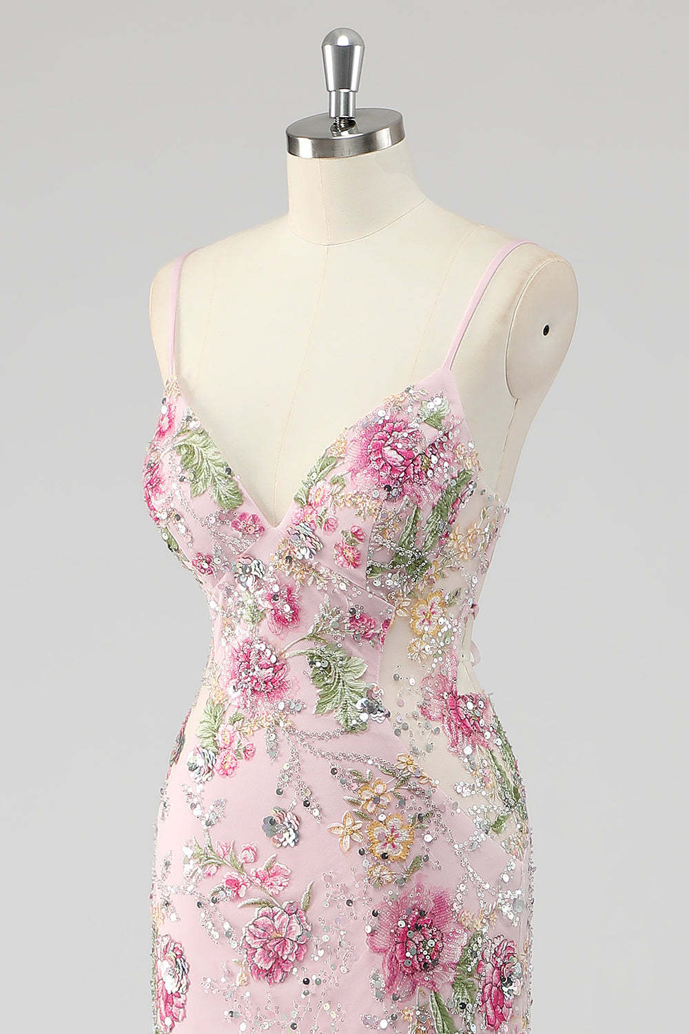 Sparkly Plus Size Pink Mermaid Floral Sequin Maxi Prom Dress