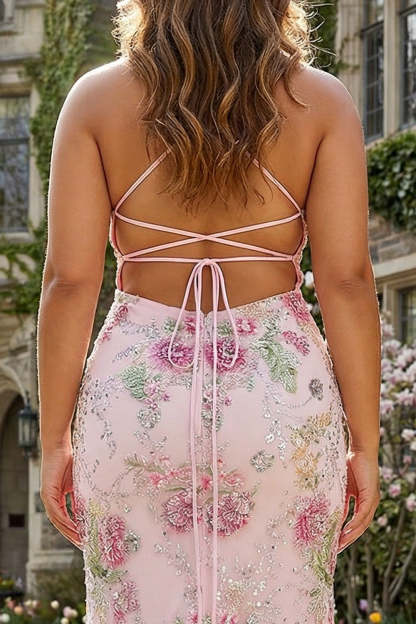 Sparkly Plus Size Pink Mermaid Floral Sequin Maxi Prom Dress