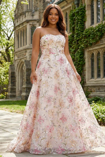 Leely Women Strapless Pink Sequined Plus Size Floral A-Line Prom Dress Sleeveless Floor Length Ball Gown Pageant Dress