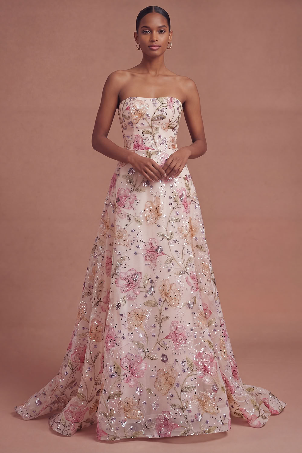 Strapless Pink Sequined Floral A-Line Prom Dress