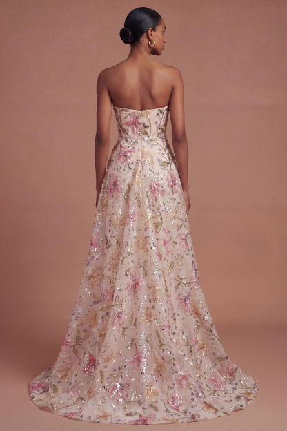 Strapless Pink Sequined Floral A-Line Prom Dress