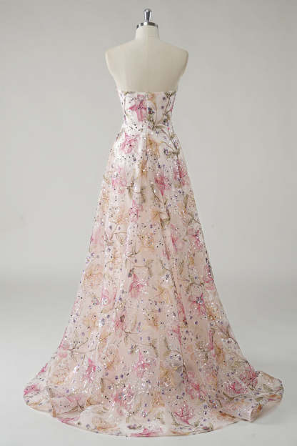 Strapless Pink Plus Size Sequined Floral A-Line Prom Dress