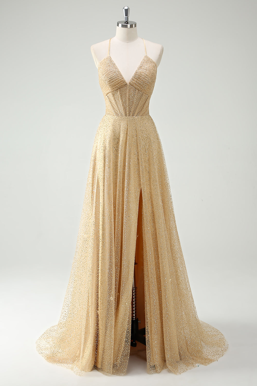 Glitter A-Line Halter Corset Gold Prom Dress with Slit