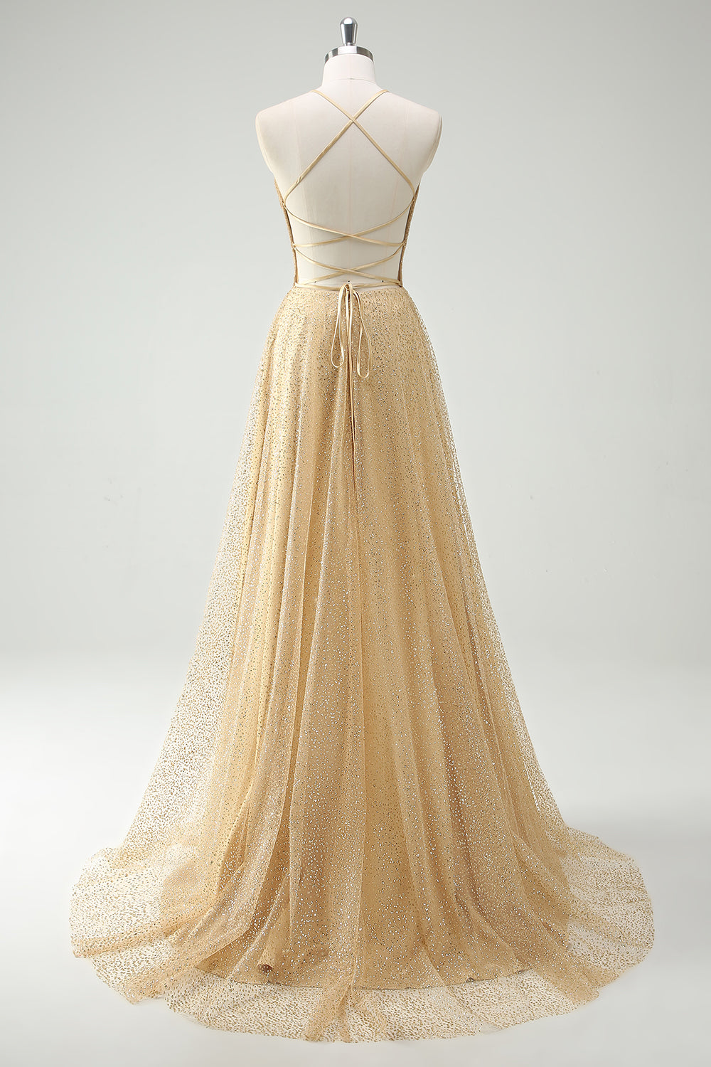 Glitter A-Line Halter Corset Gold Prom Dress with Slit