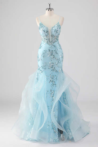 Leely Women Sparkly Sky Blue Sheath Sequined Prom Dress with Ruffles Spaghetti Straps Corset Maxi Red Carpet Dress