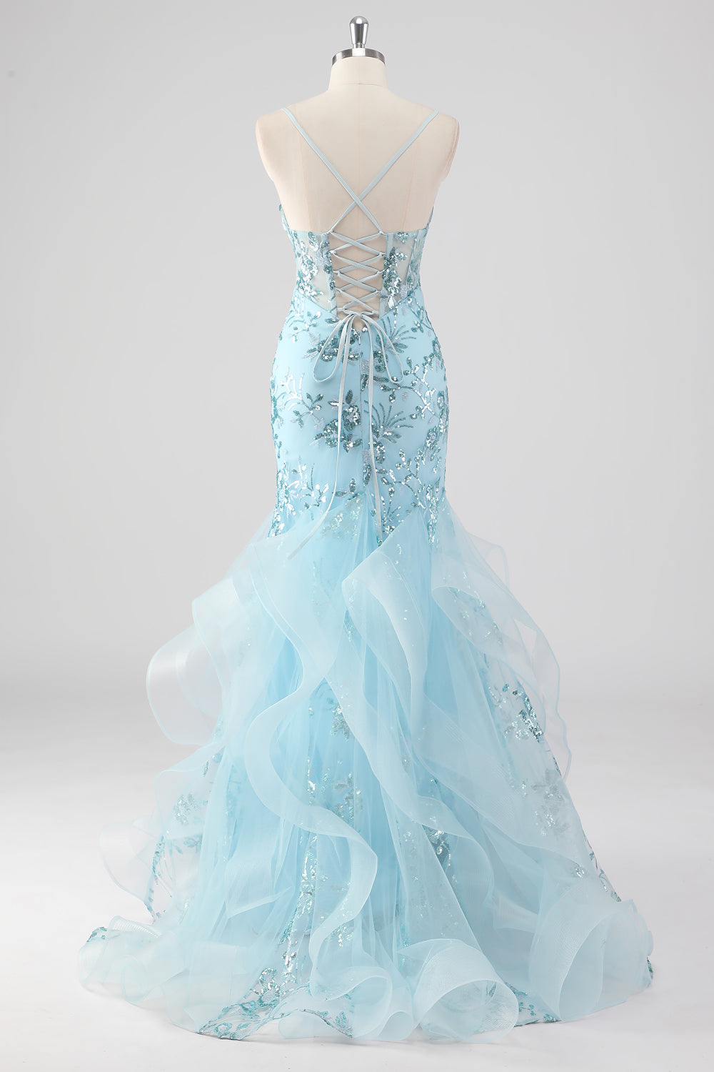 Sparkly Sky Blue Spaghetti Straps Sheath Sequined Prom Dress with Ruffles